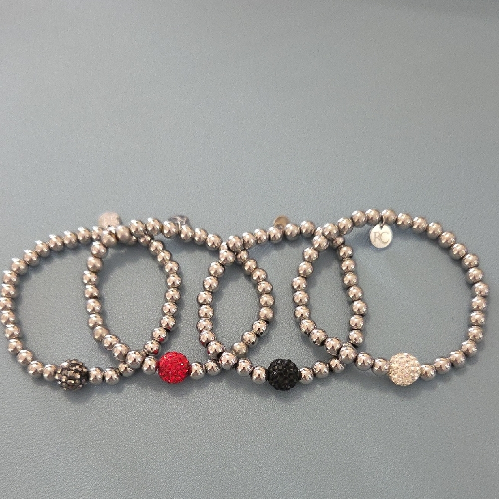 Rustic Cuff Silver Beaded Bracelet Set with Red, Grey, White, and Black Accents